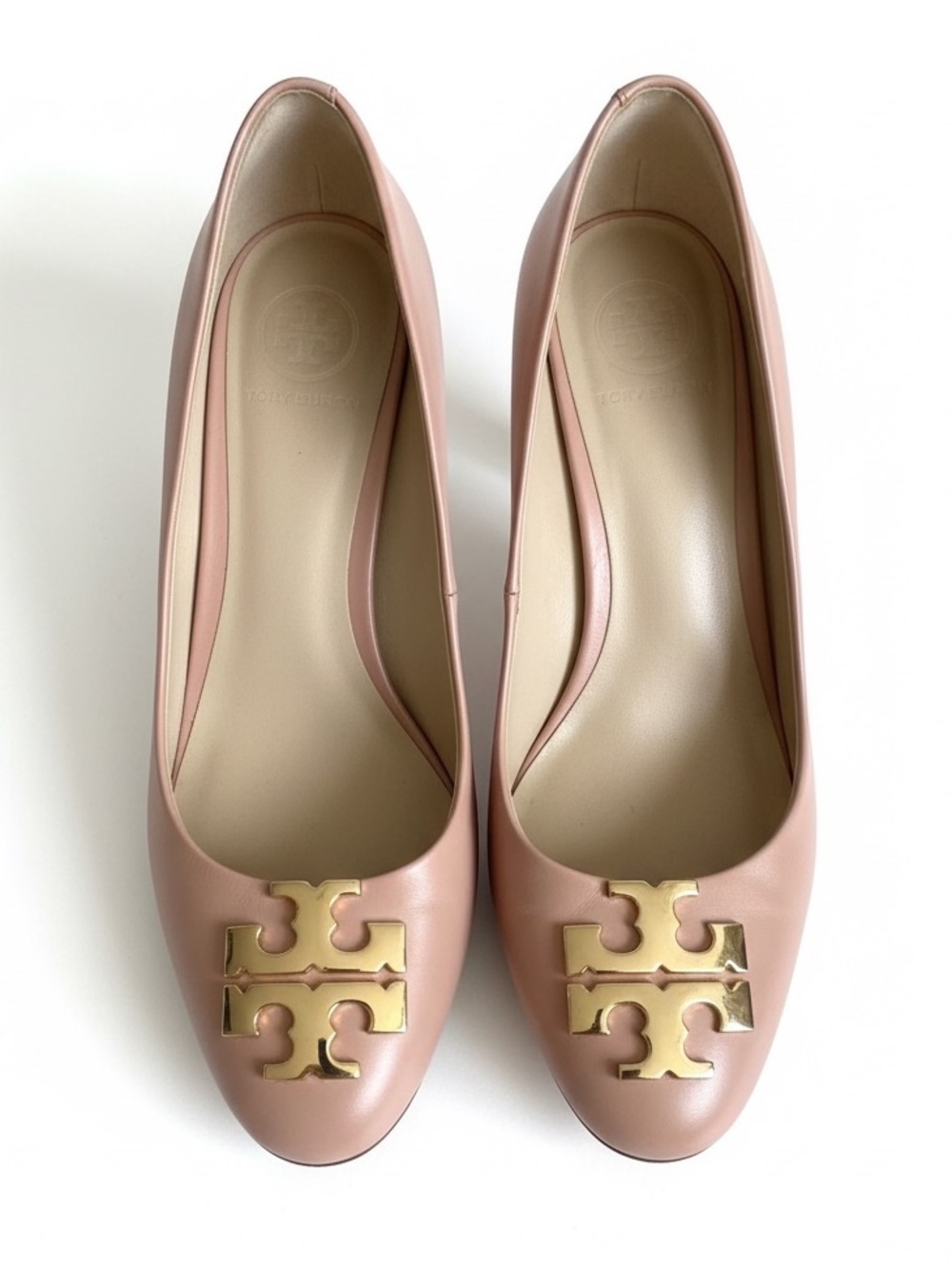 Tory Burch Raleigh Logo Pumps Blush Oak Block Heel Leather Size 5